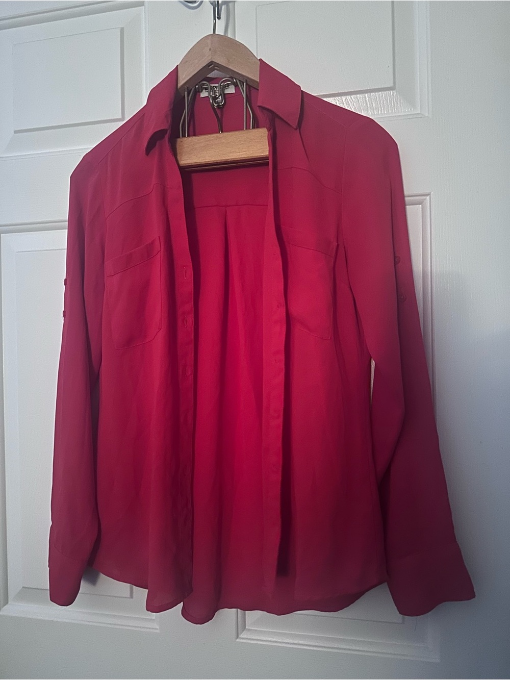 Express Bright Red Button-Down Shirt with Chest Pockets